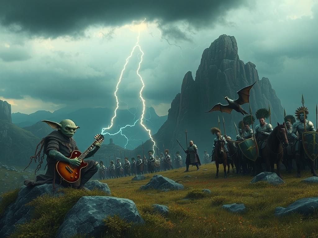 Epic Goblin Battle Scene with Bard in Fantasy Landscape