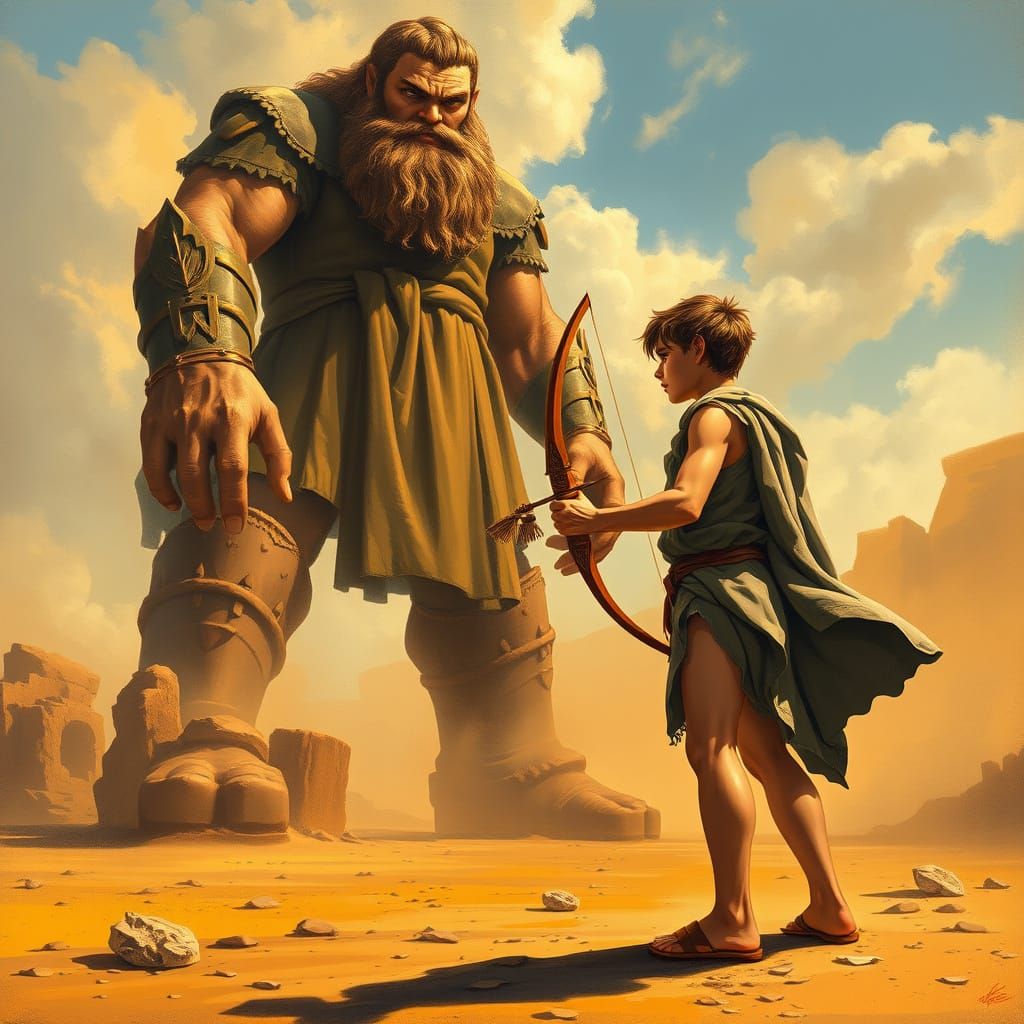Young Shepherd Boy Confronts Giant Goliath in Ancient Battle