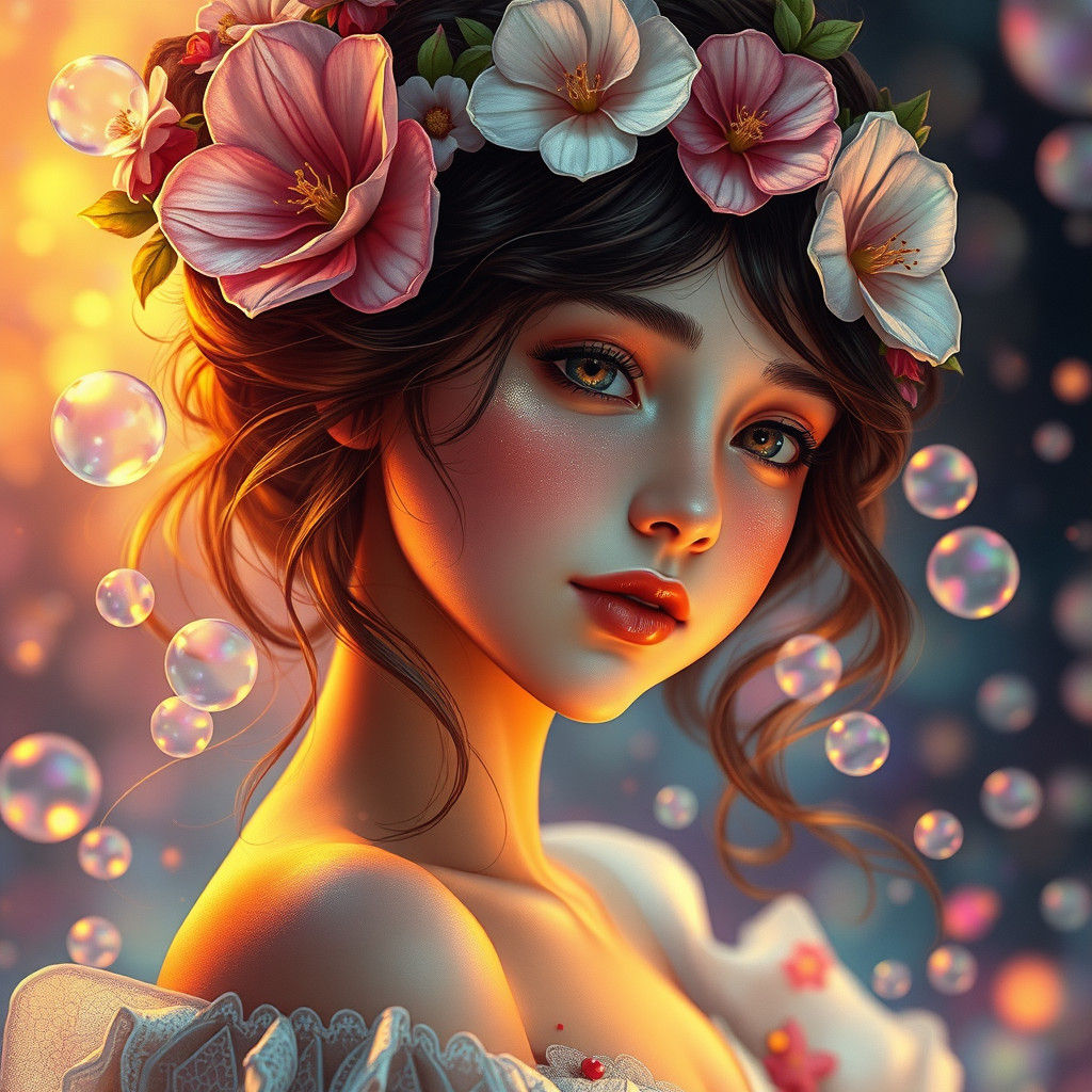 Fantasy Flower Girl Portrait in Art Nouveau Style
