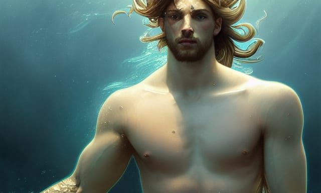 Cruel Merman Swimming Underwater: Hyper-Detailed Concept Art