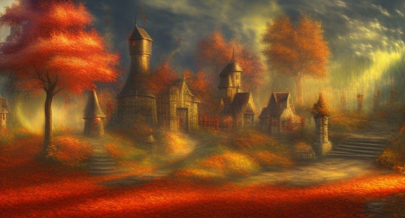 Ethereal Autumn Fantasy Village Tower