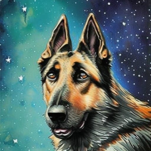 German Shepherd Dog in Starry Impasto Landscape