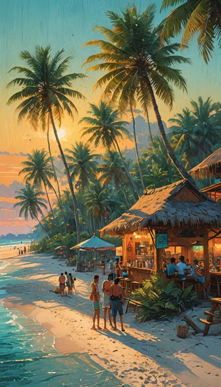 A beautiful wide-angle shot of a tropical beach at sunset. Palm-trees line the beach, and a beachside bar is visible in ...
