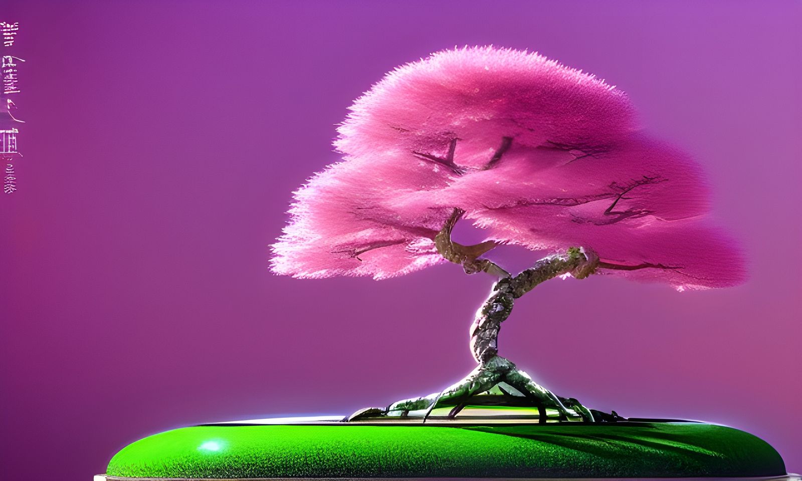 Bonsai in Crystal Bubble over Neon Landscape