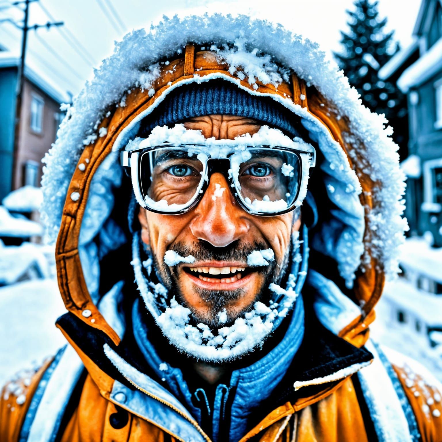 Snow-Caked Man Smiling in Winter, Photorealistic Style
