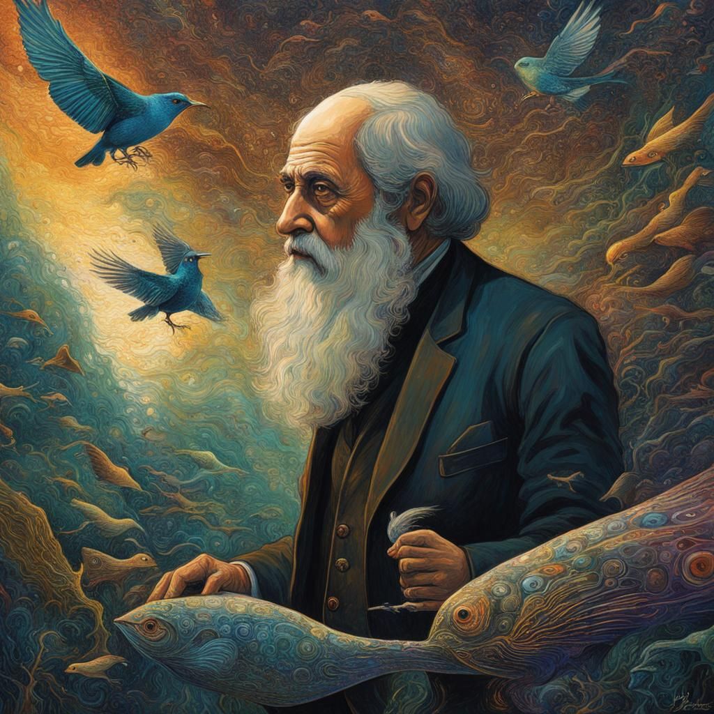 Darwin Portrait with Geometric Phylogeny in Sci-Fi Style