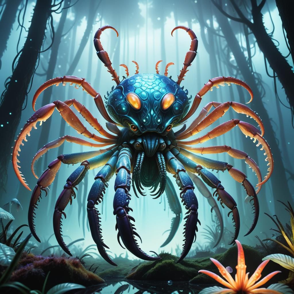 Bioluminescent Alien Crab Creature in Ethereal Forest