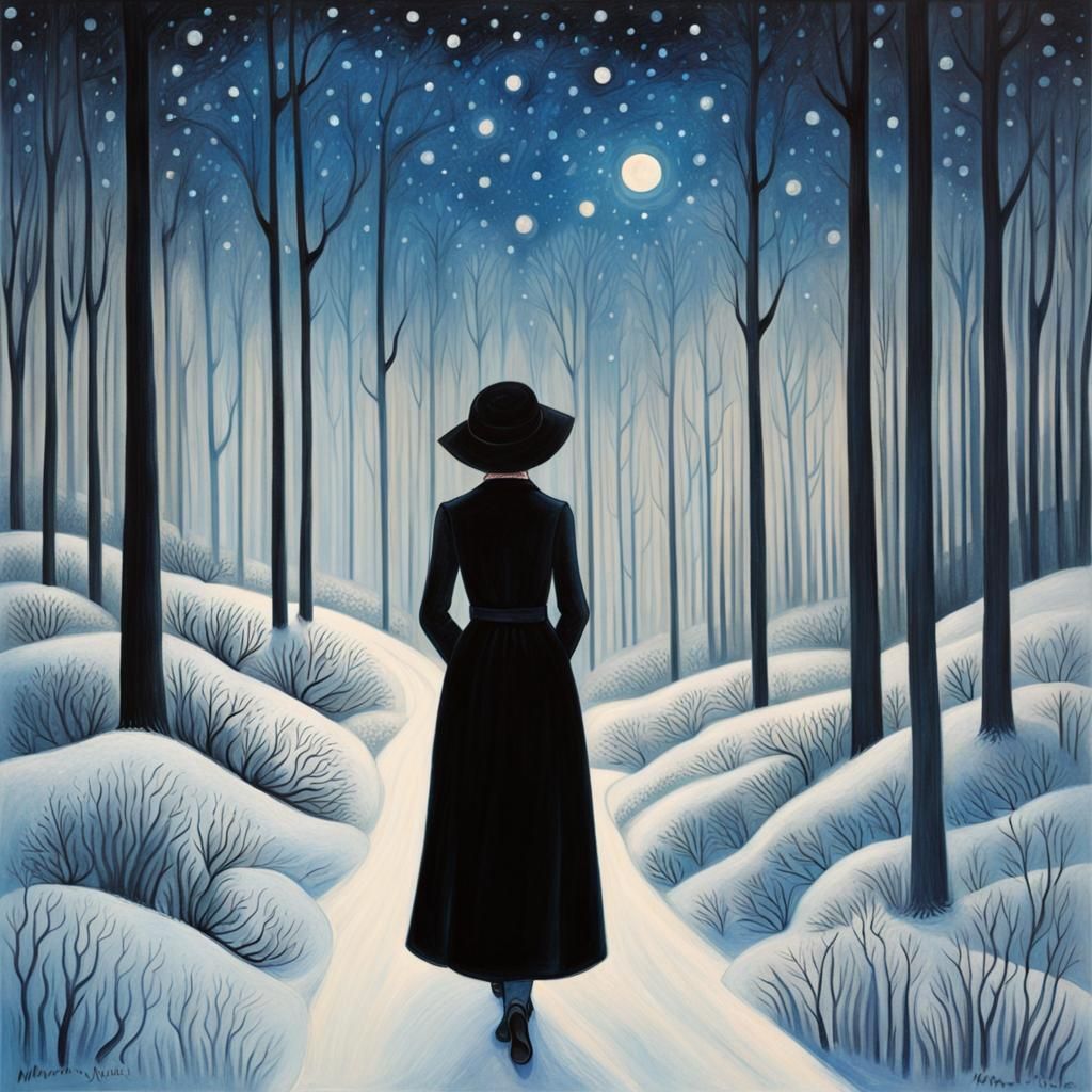 Woman in Snowy Forest Under Starry Night