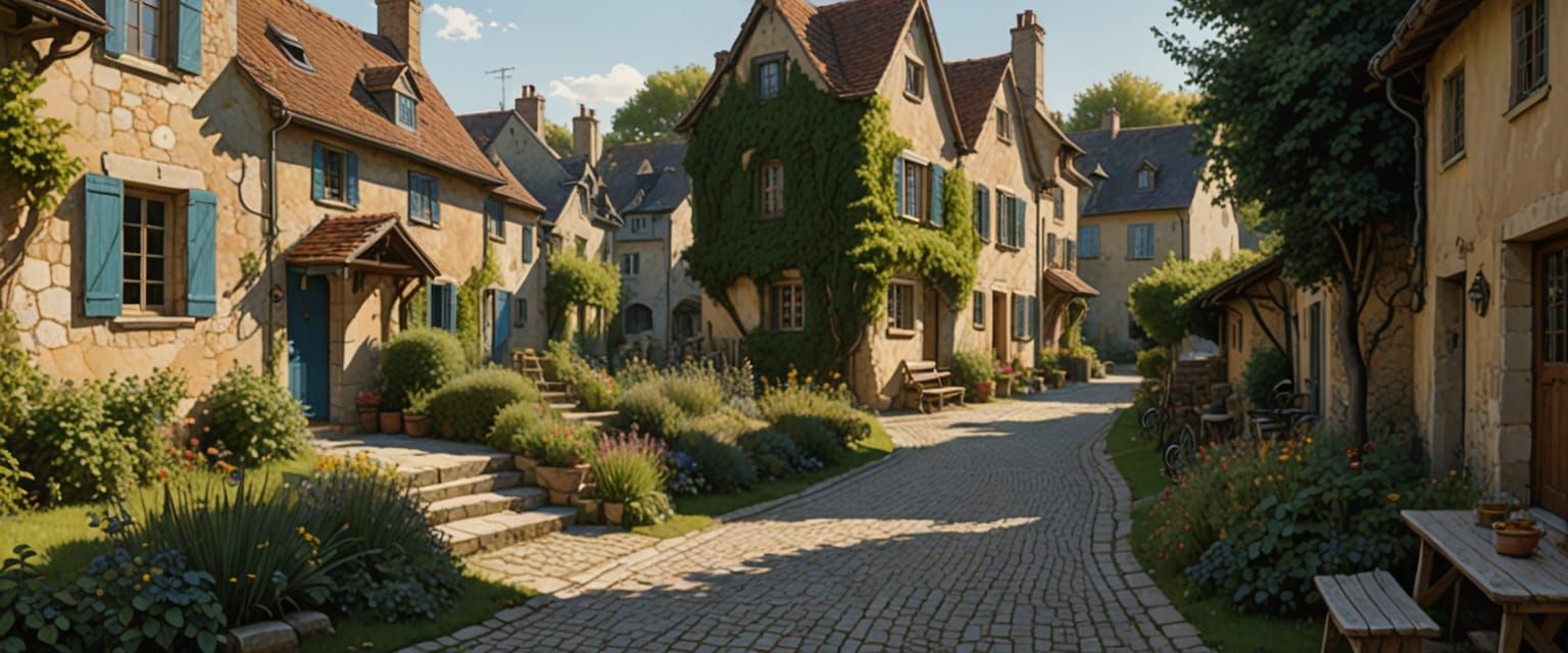 Quaint Village in Comic Book Style with Bicycles