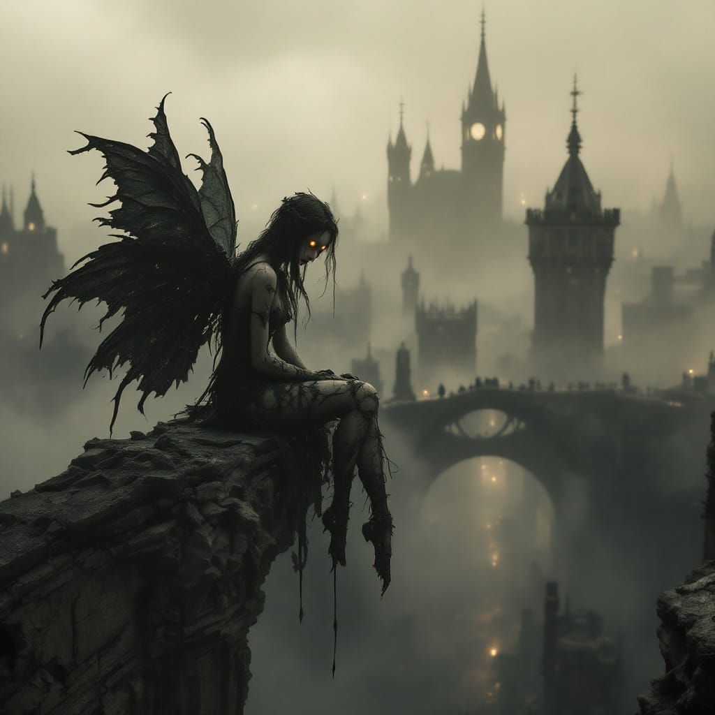 Gothic Fairy on Gargoyle Overlooking Foggy City