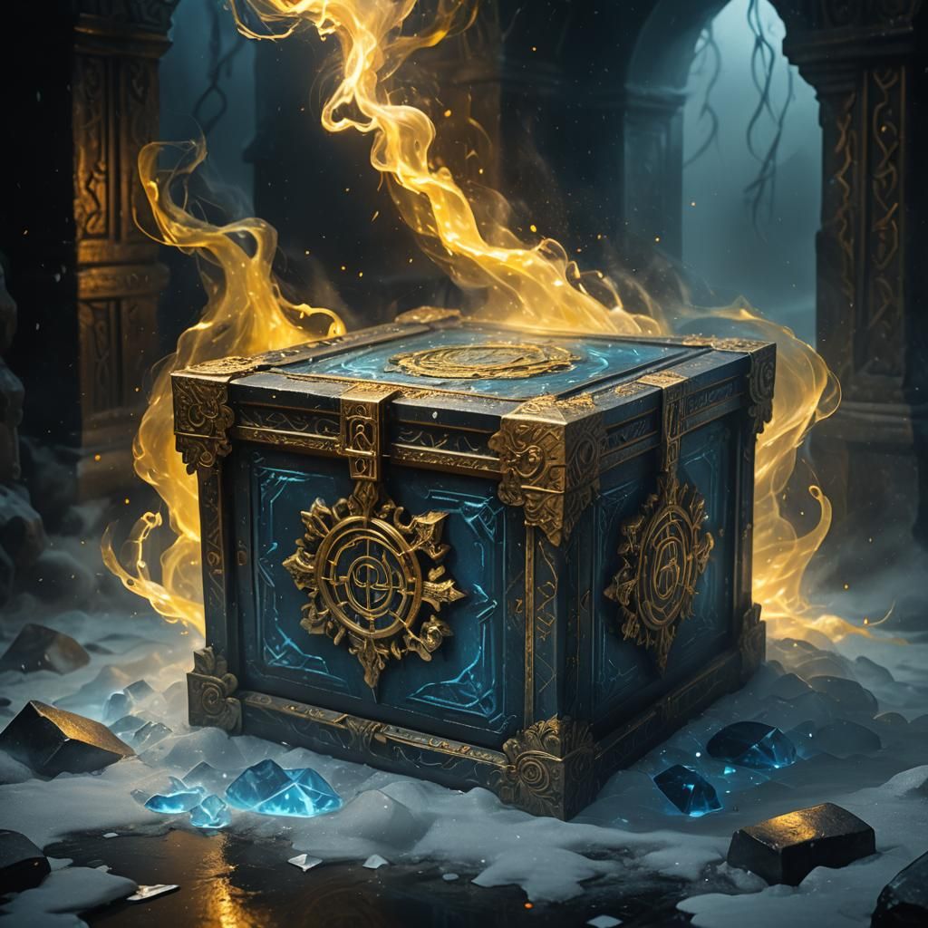 Ornate Box in Eerie Chamber: Dark Fantasy Art