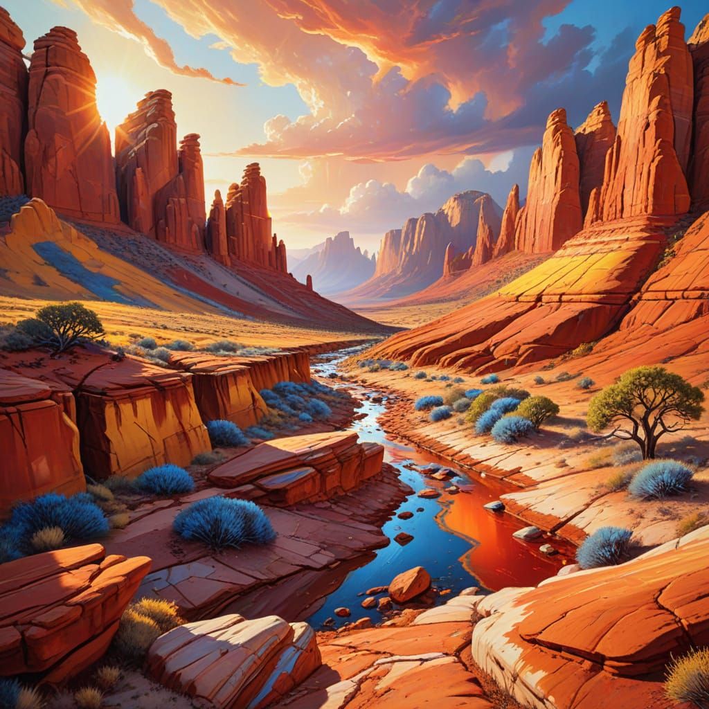 Red Landscape Oil Painting with Golden Light