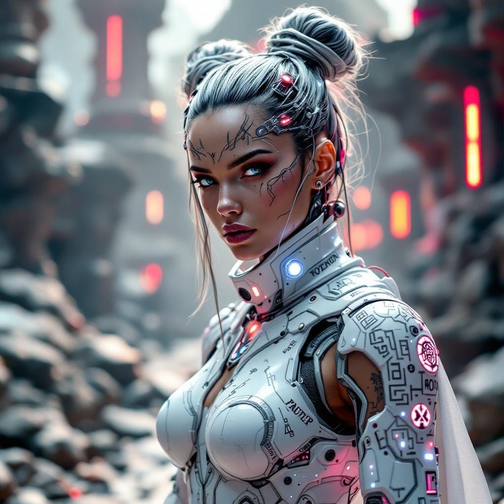 Mythpunk Warrior in Cybernetic Temple Ruins