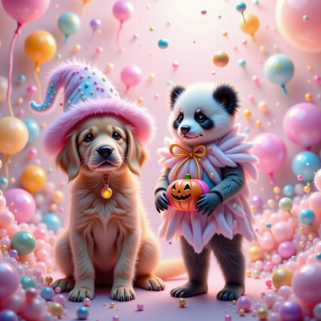 Kawaii Panda Ghost and Puppy Witch Party