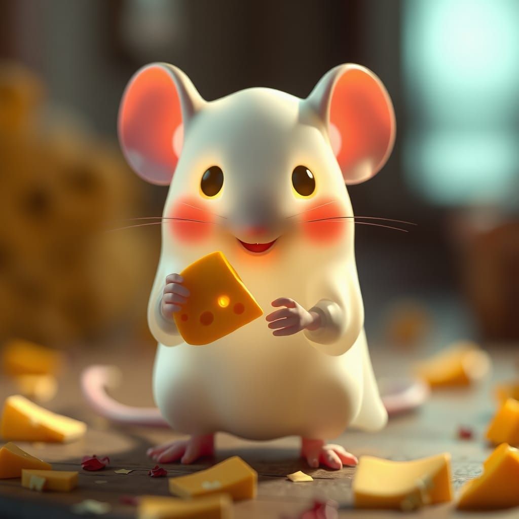 Adorable Ghost Mouse with Cheese, 3D Render