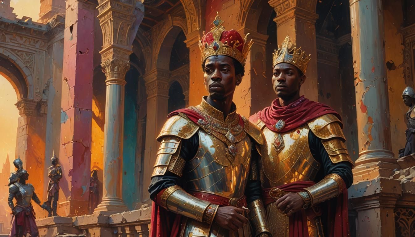 Nubian King in Ruined Palace: Dystopian Impressionist Painti...