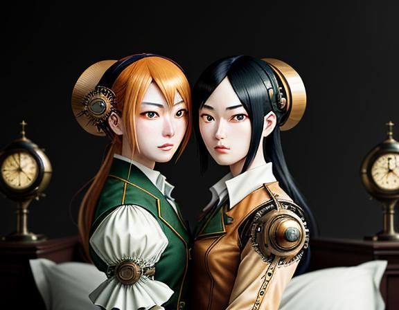 Steampunk Manga: Twin Sisters Embrace in Anime Style