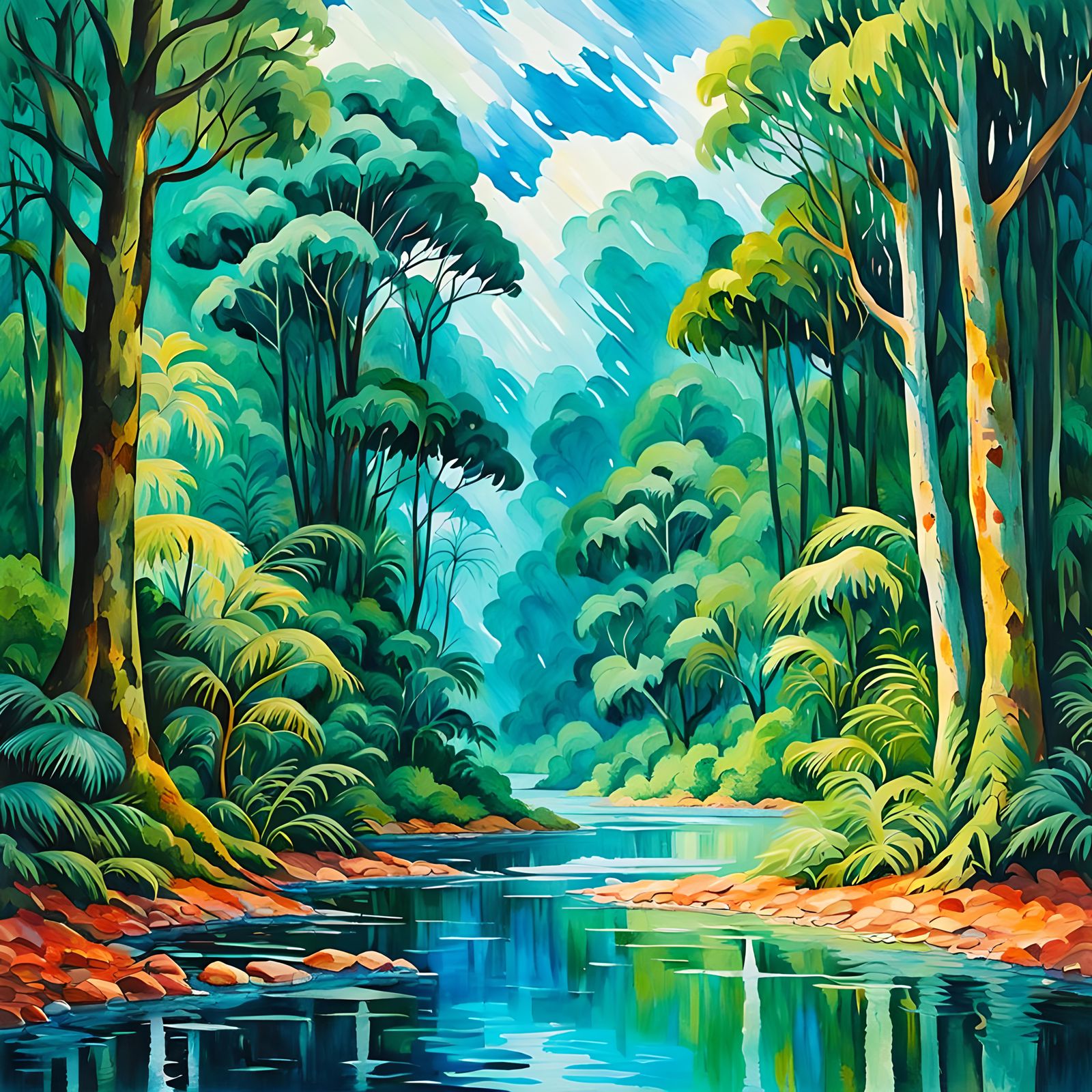 Lush Rainforest River in Gouache Style