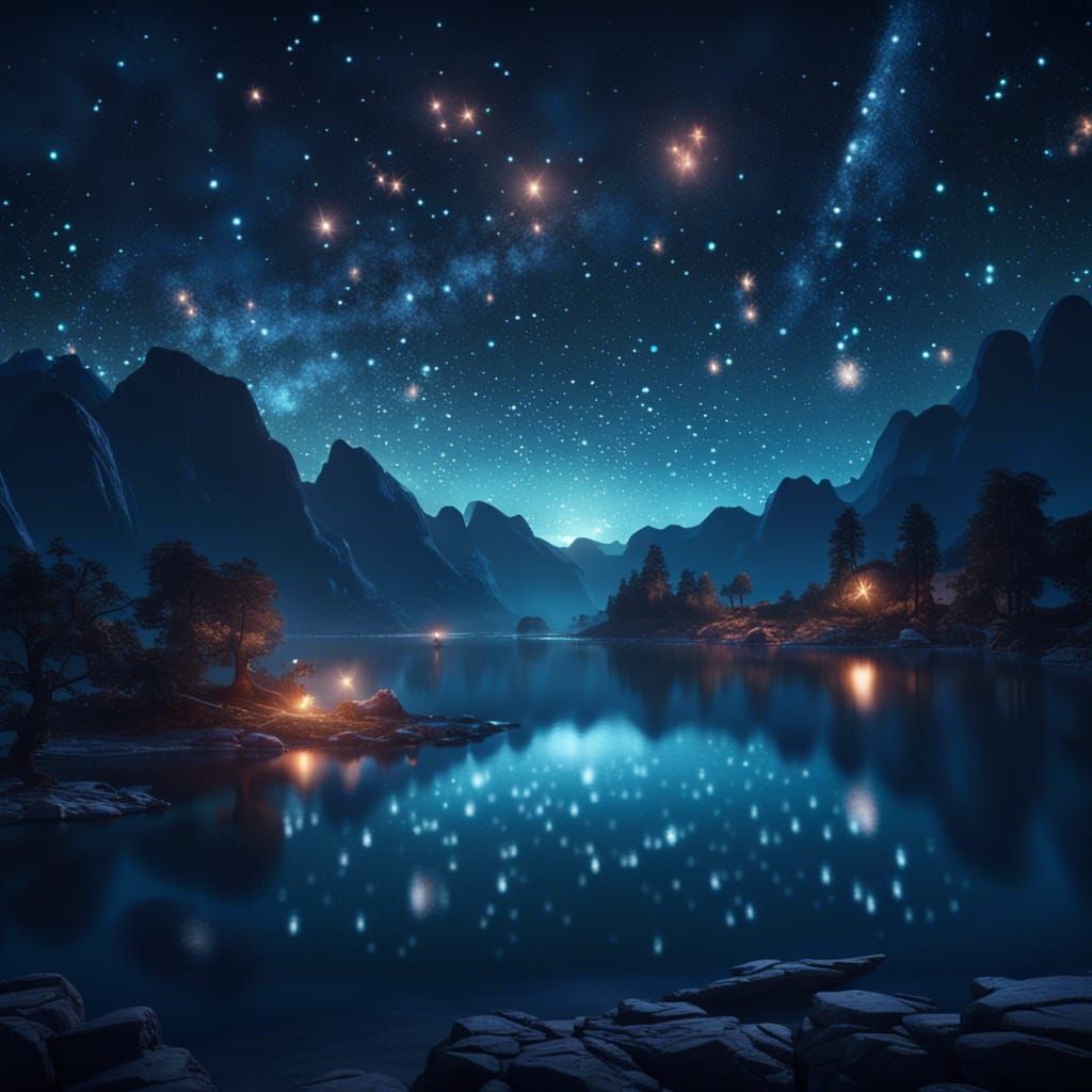 Glittering Stars Reflect on Still Lake: Matte Painting