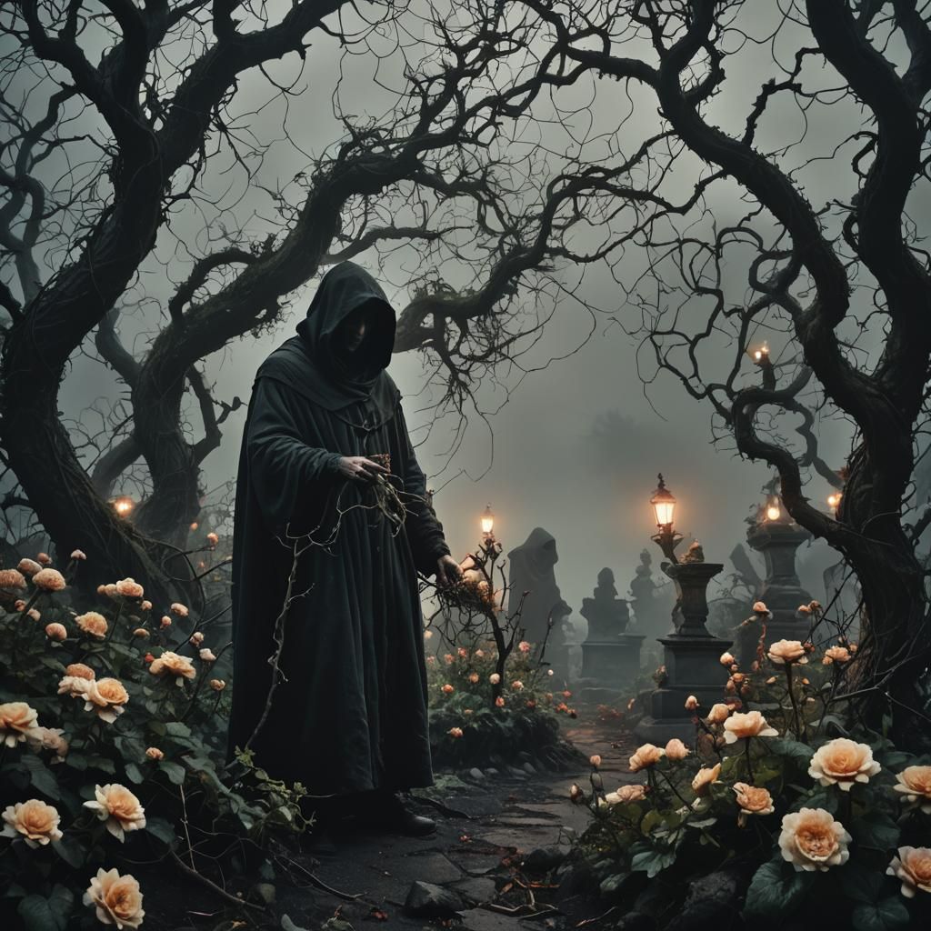 Dark Fantasy: Hooded Gardener in Twisted Landscape