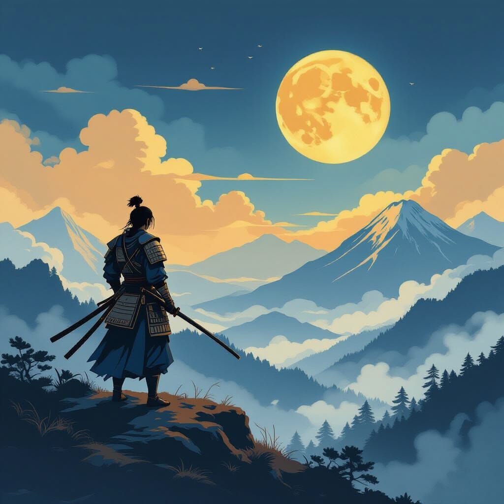 Samurai Warrior on Mountain Peak in Sumi-e Style