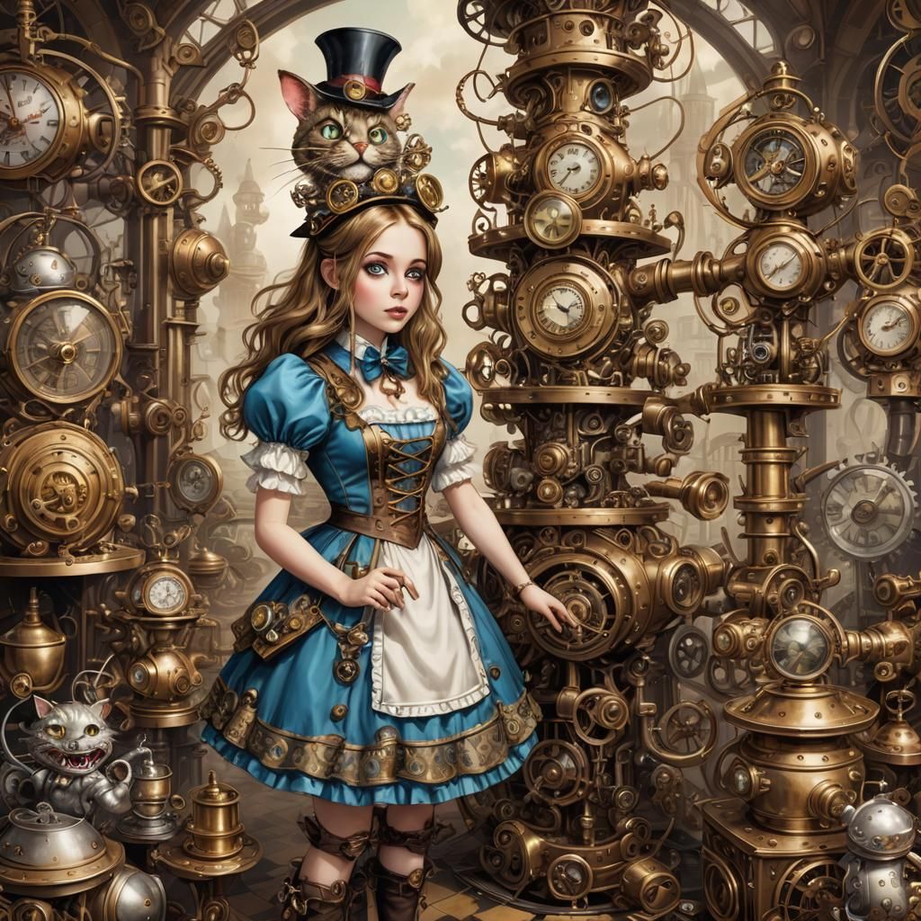 Steampunk Alice in Wonderland with Clockwork Creatures