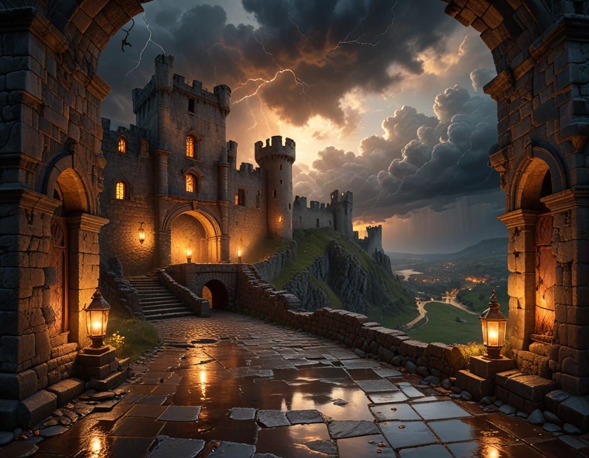 Majestic Ruined Castle Erodes Under Stormy Renaissance Skies