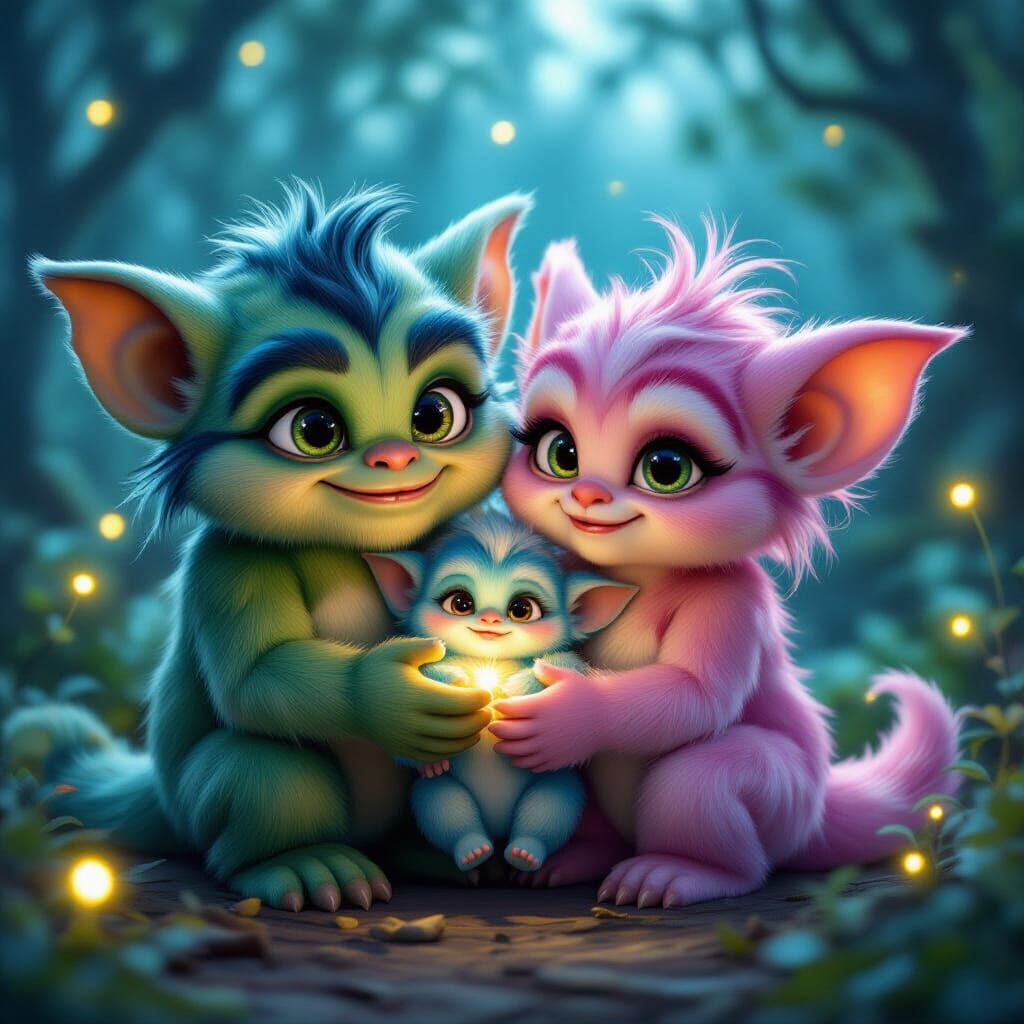 Happy Gremlin Family in Magical Forest