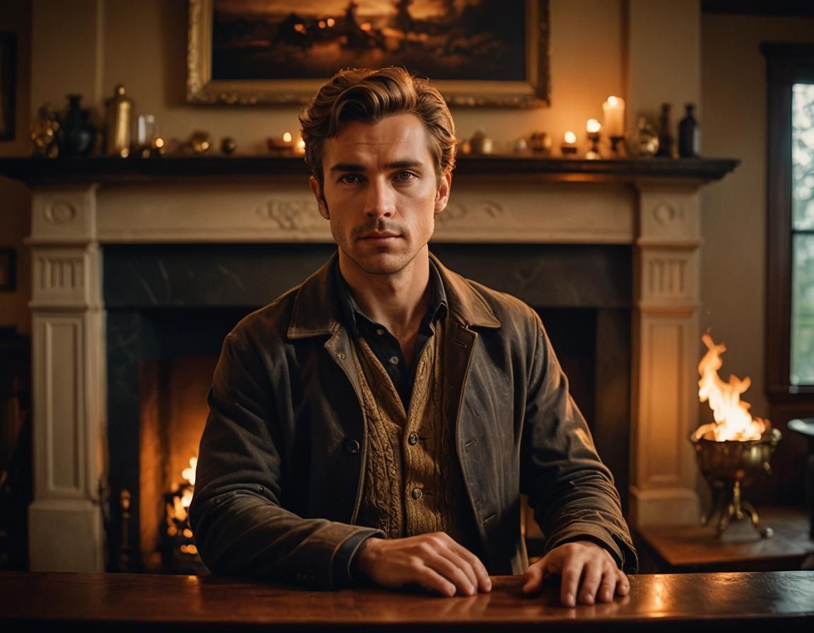 Dramatic Portrait of Man With Fireplace, Cinematic Style
