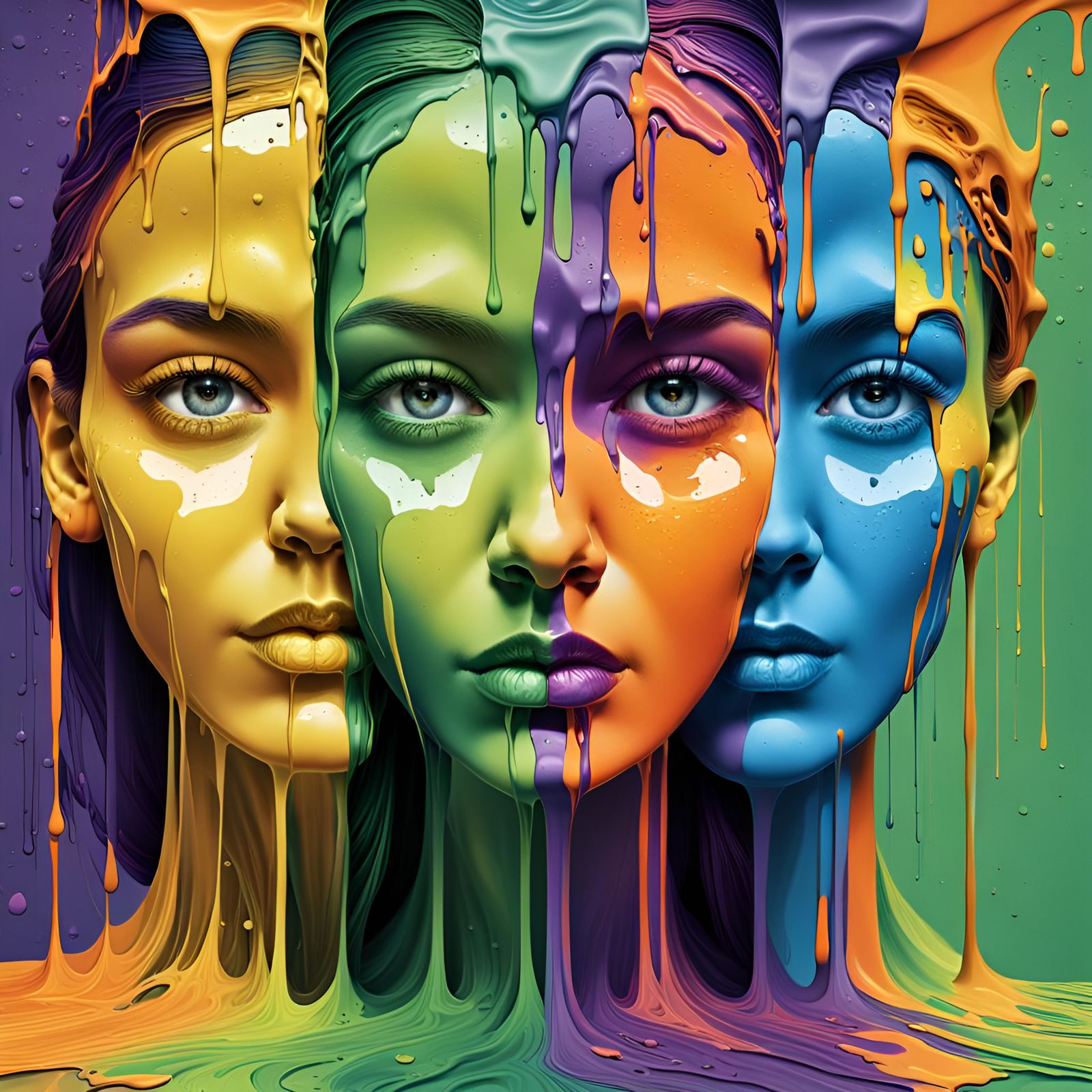 digital art featuring a series of four faces aligned vertically, ..