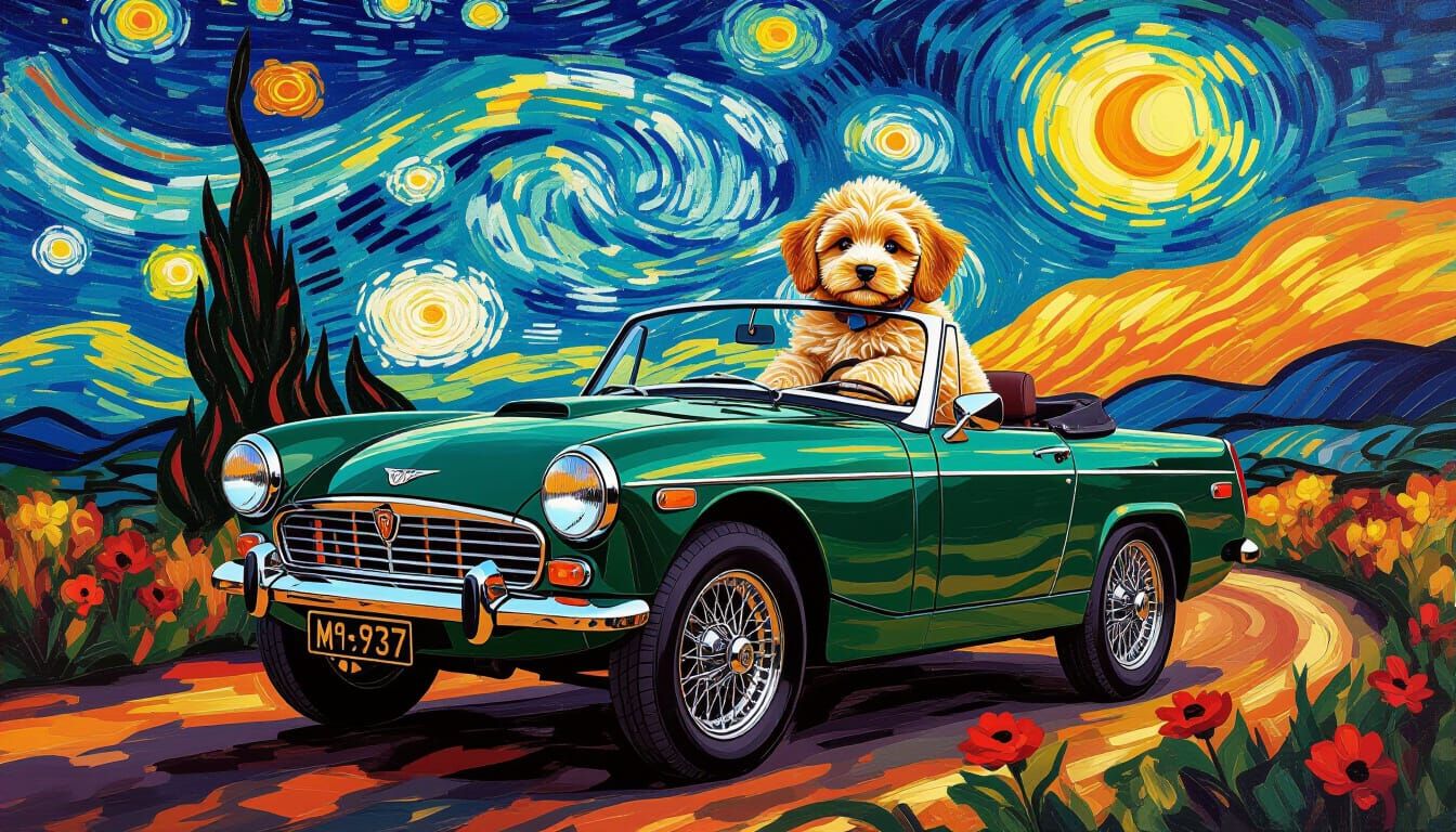 MG Midget Roadster with Labradoodle in Van Gogh Style