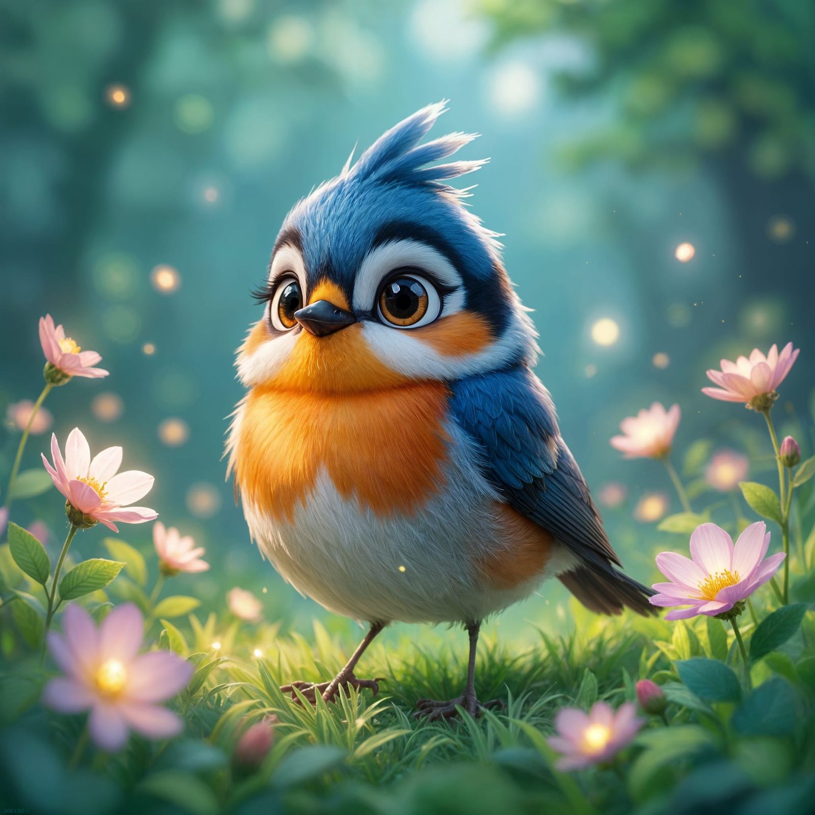 Pixar-Style Robin in Magical Forest: 3D Render