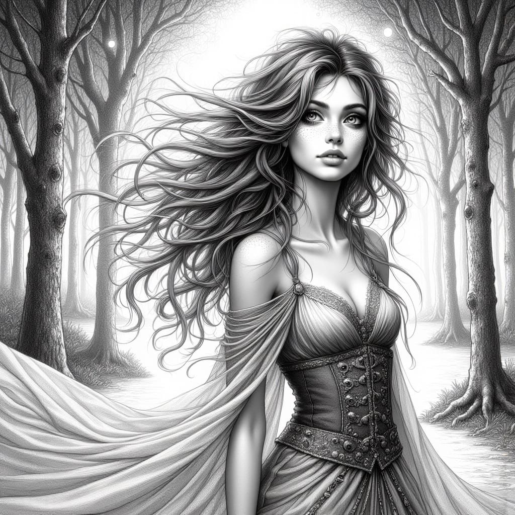 Whimsical Pencil Sketch of Brunette Woman in Mystical Landsc...