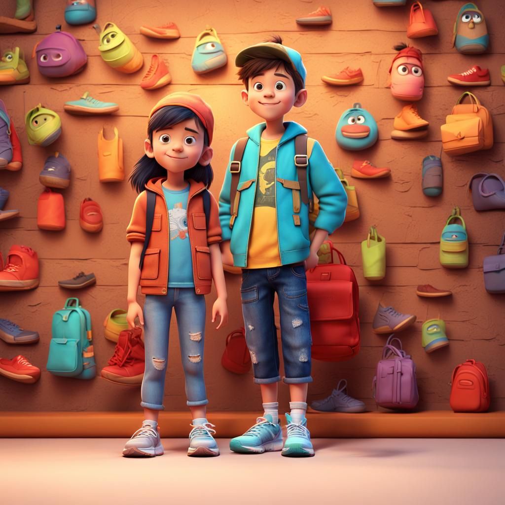 Cute Children with Sneakers in Pixar 3D Style