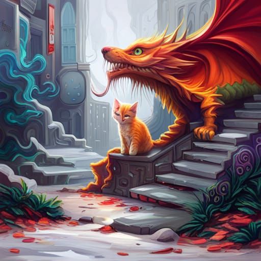 Kitten and Dragon Friendship in Graffiti Street Art