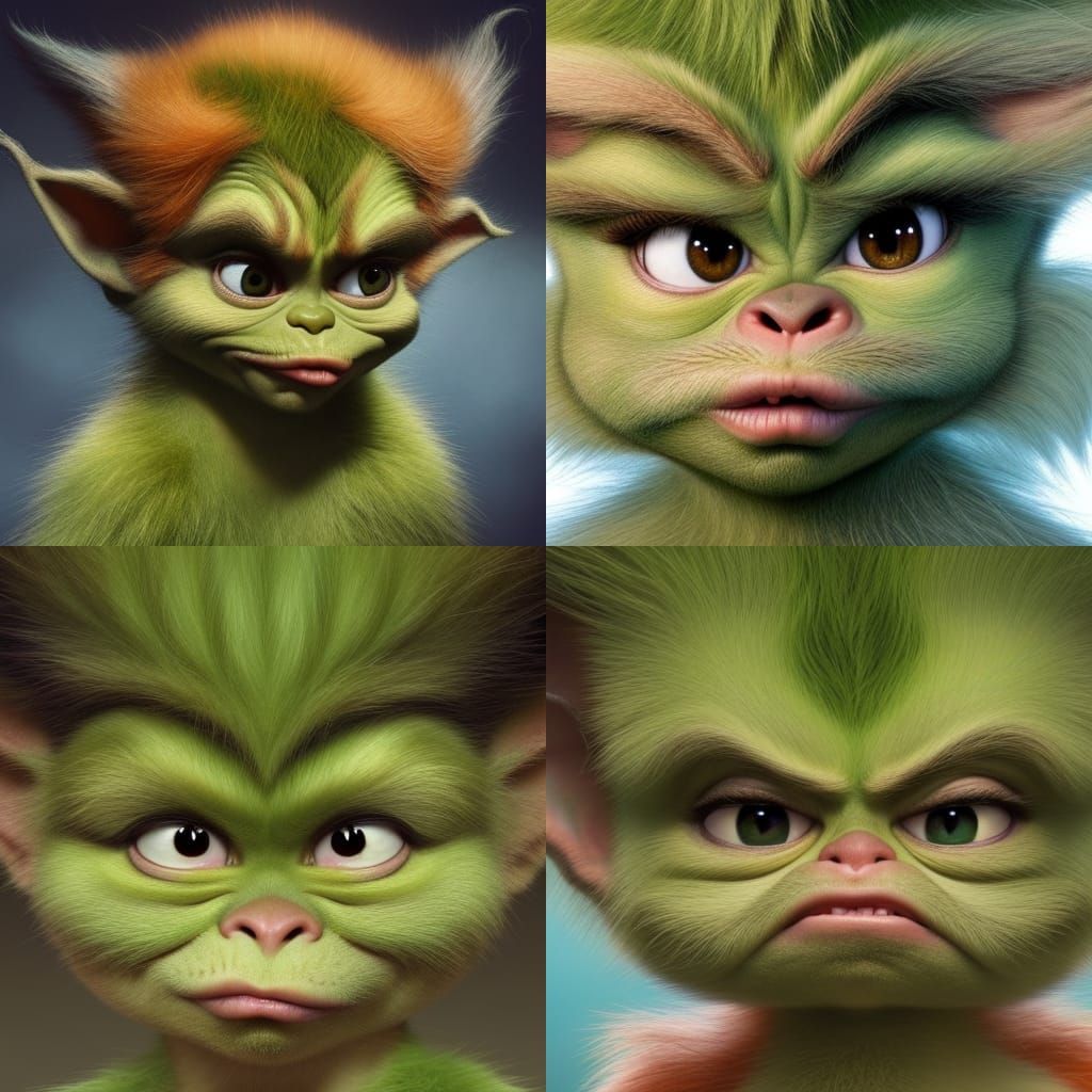 Orange Fur Baby Grinch Portrait with Big Eyes