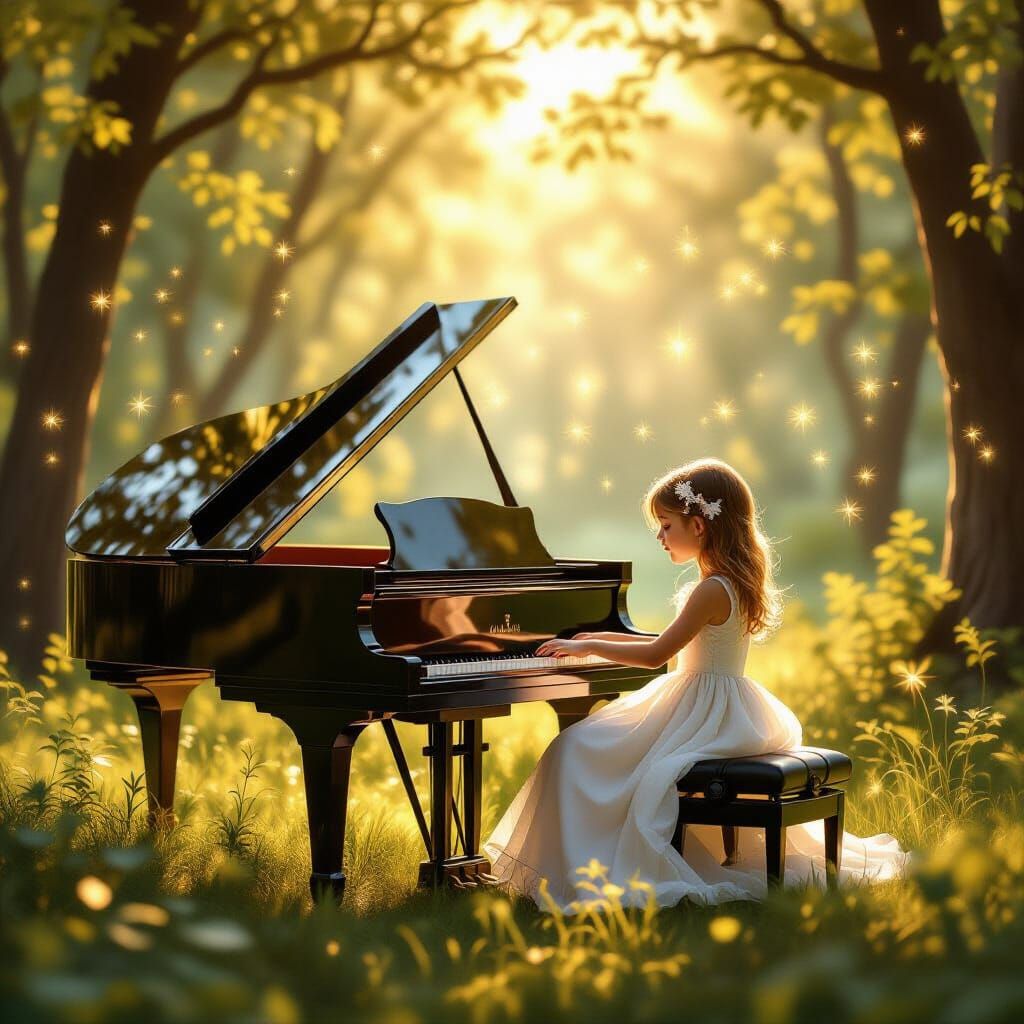 Enchanting Forest Piano Scene with Girl and Fireflies