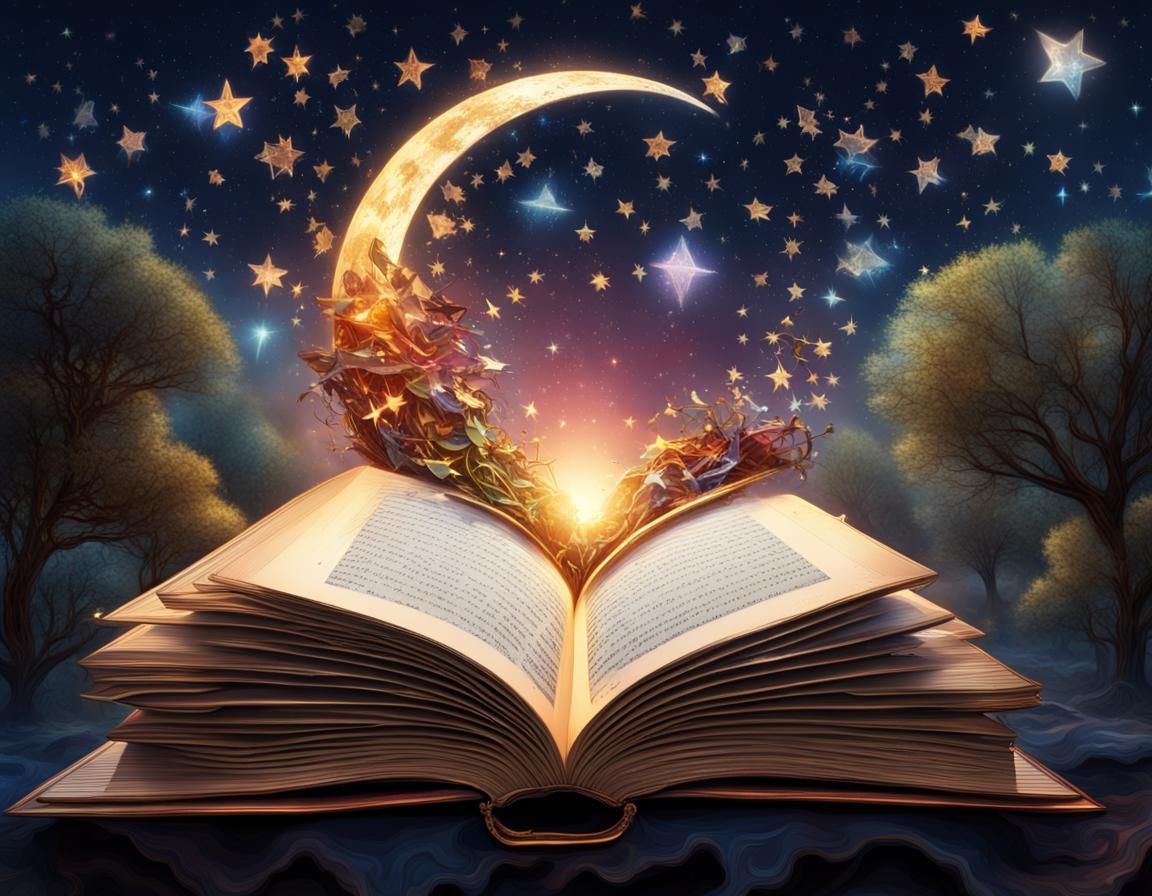 Open Book Under Jeweled Stars: Color Illustration