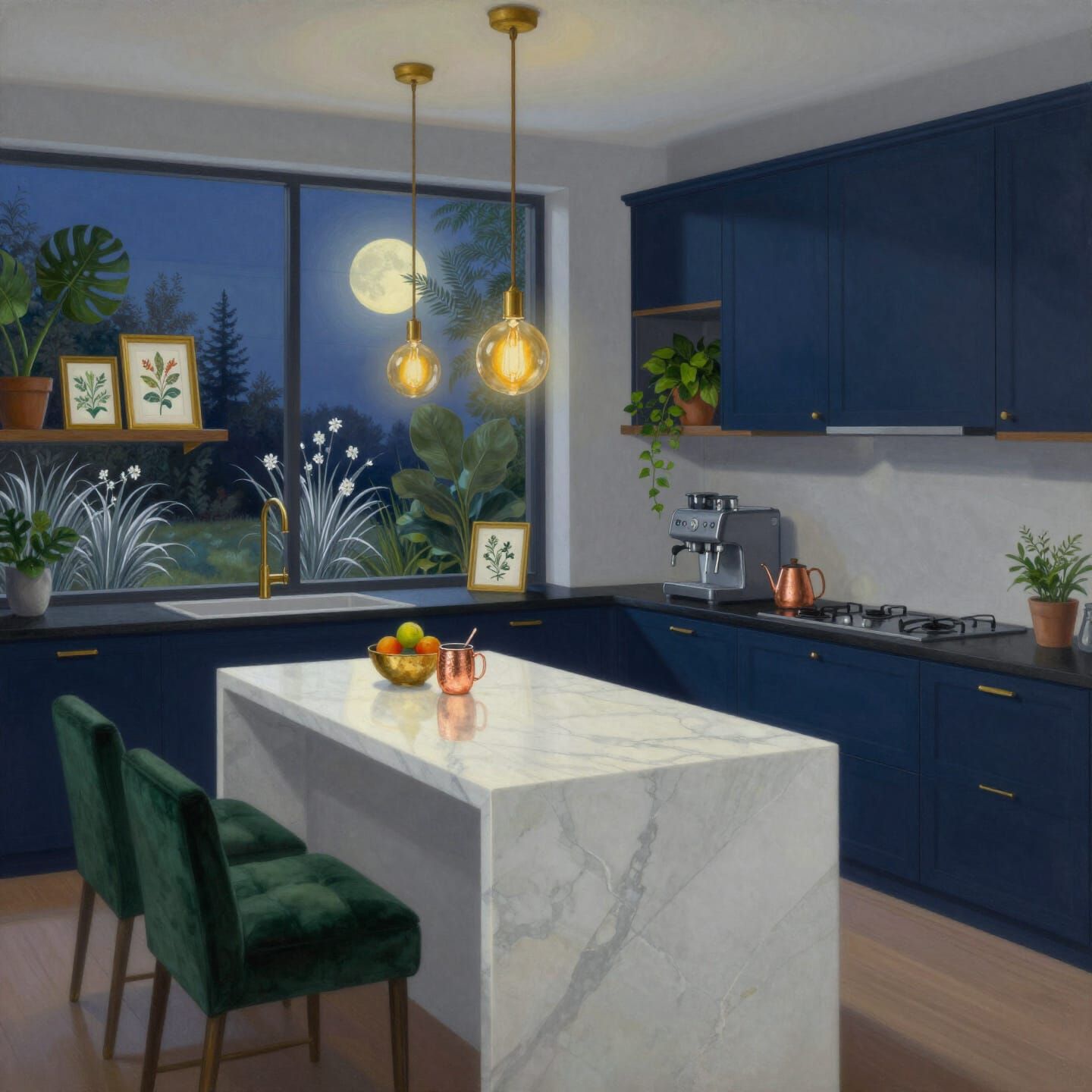 Gouache Painting of a Sophisticated Modern Kitchen at Twilig...