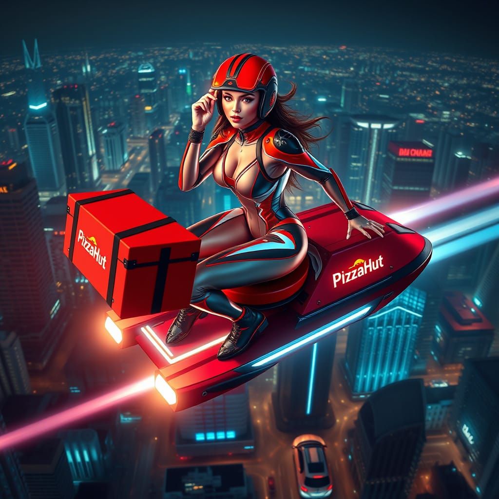 Cyberpunk Pizza Delivery Rider in Neon Cityscape