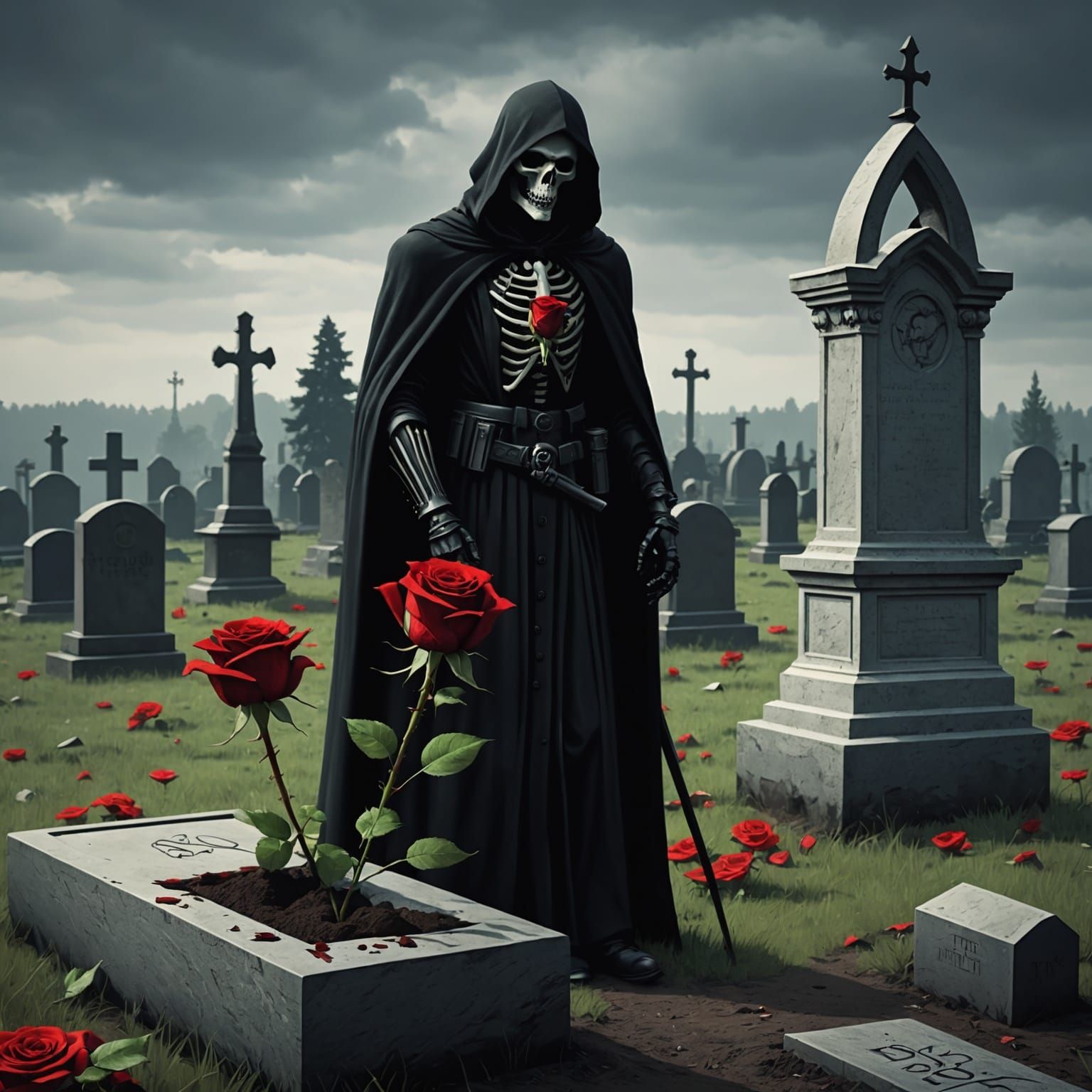 Grim Reaper Mourning at Grave with Red Rose