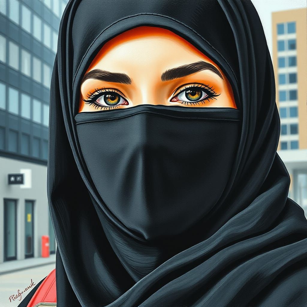 Proud Niqabi Woman in Minimalist Color Pencil Painting