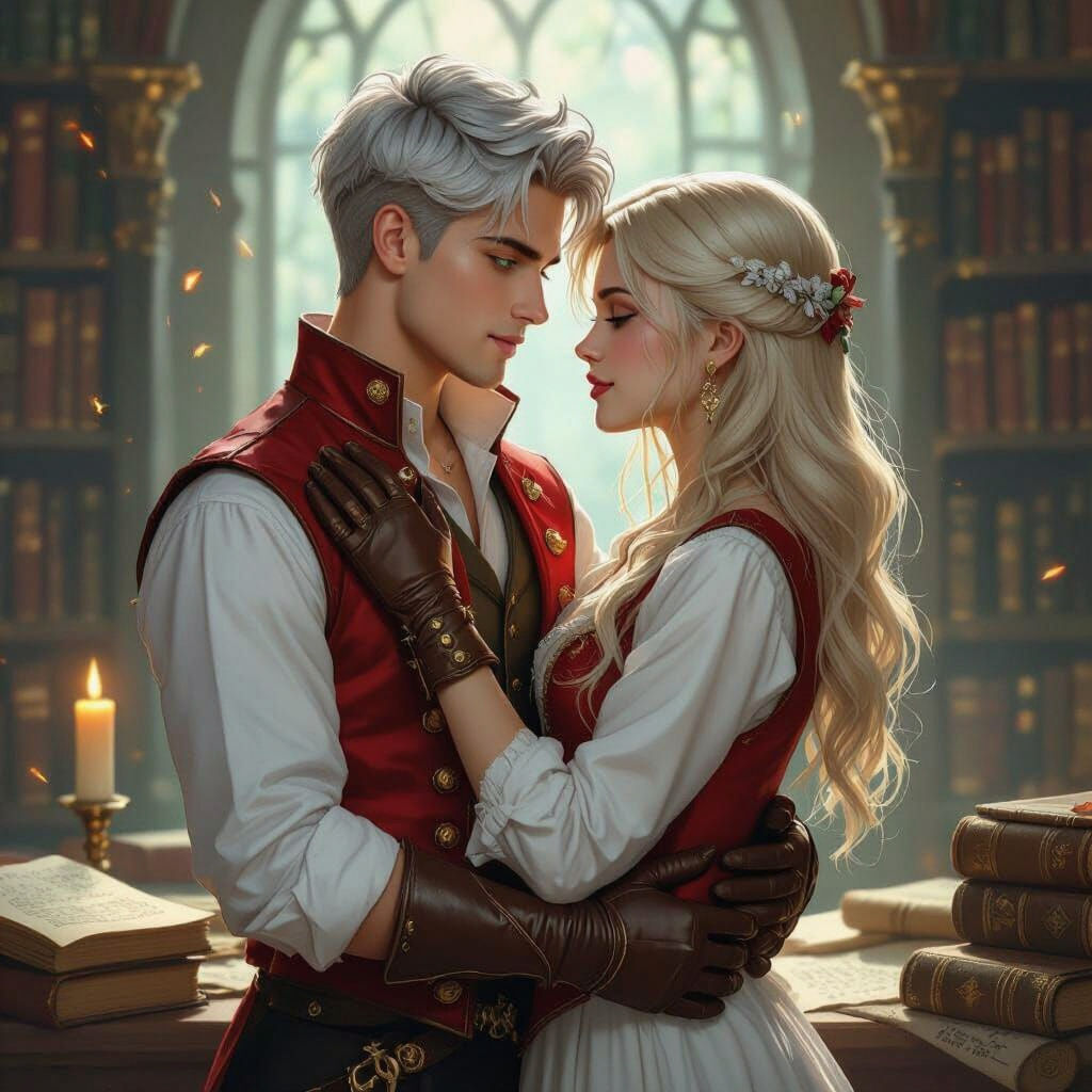 Romantic Couple in Magical Library: Fantasy Digital Art