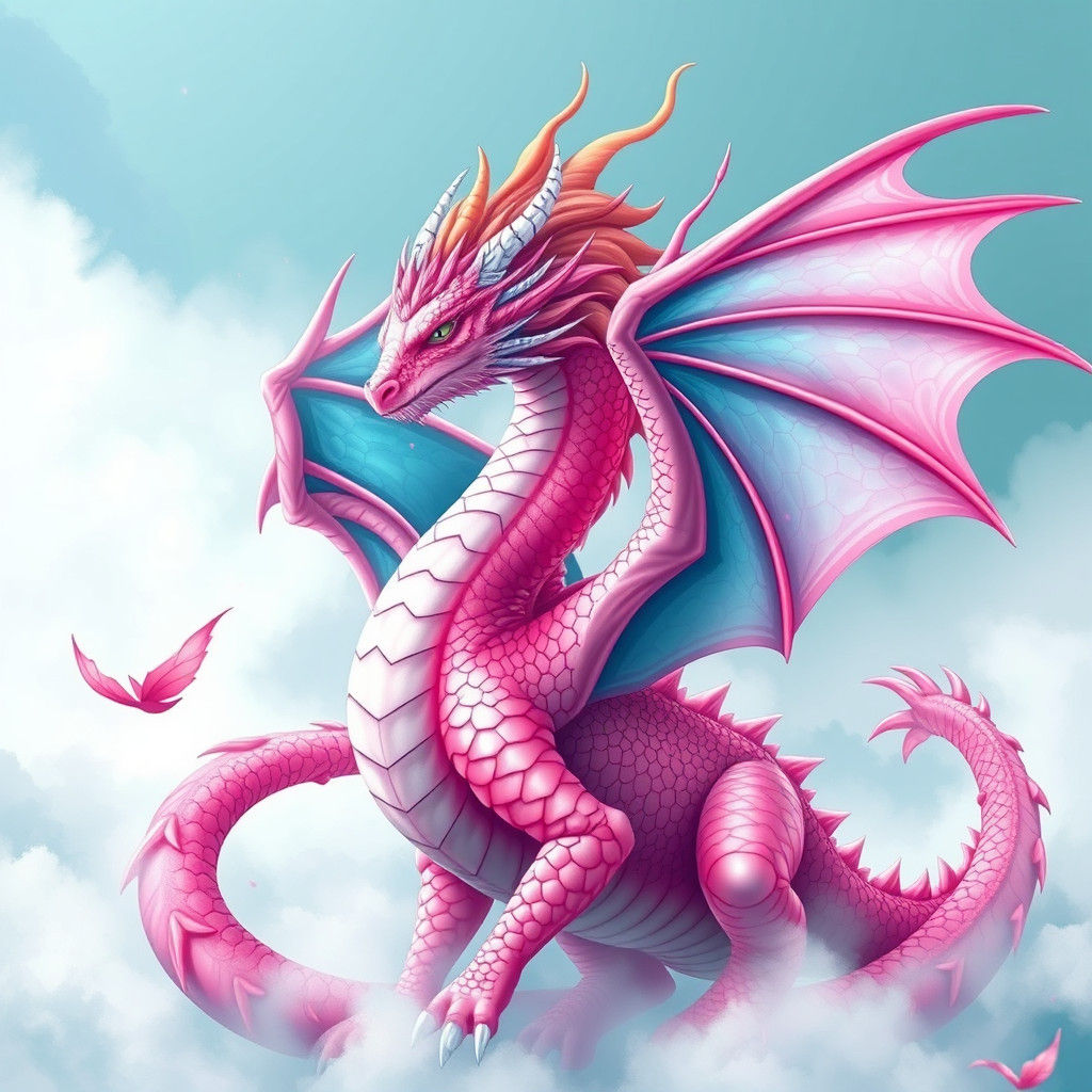 Pink Dragon with Teal Wings in Dreamy Setting