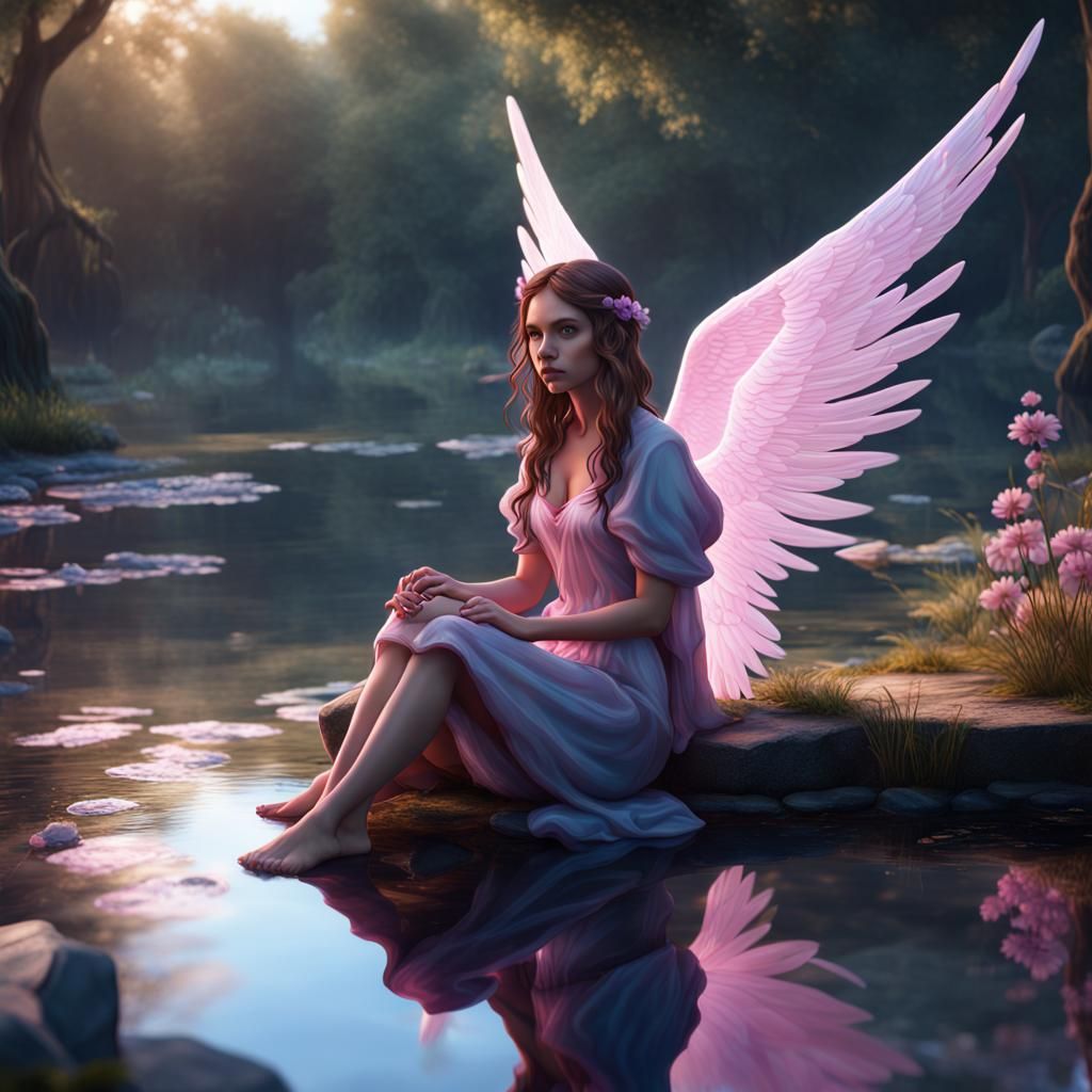 Magenta Angel Girl with Blue Wings by Pond