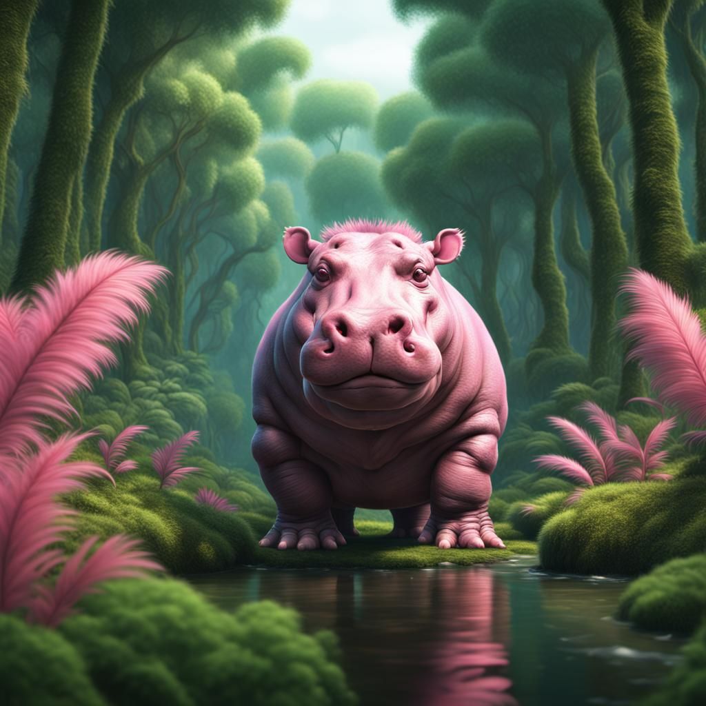 Pink Fluffy Hippo in Green Forest: Matte Painting