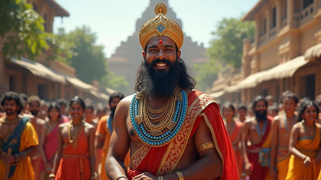 Joyful Ancient Indian King in Town Square