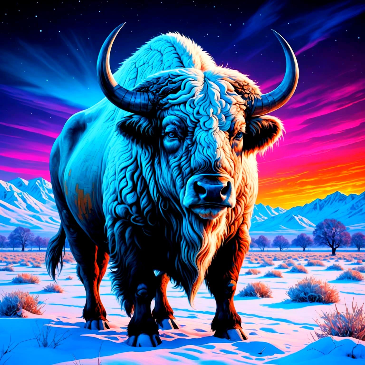 Mystical White Buffalo Grazing Under Winter Sky