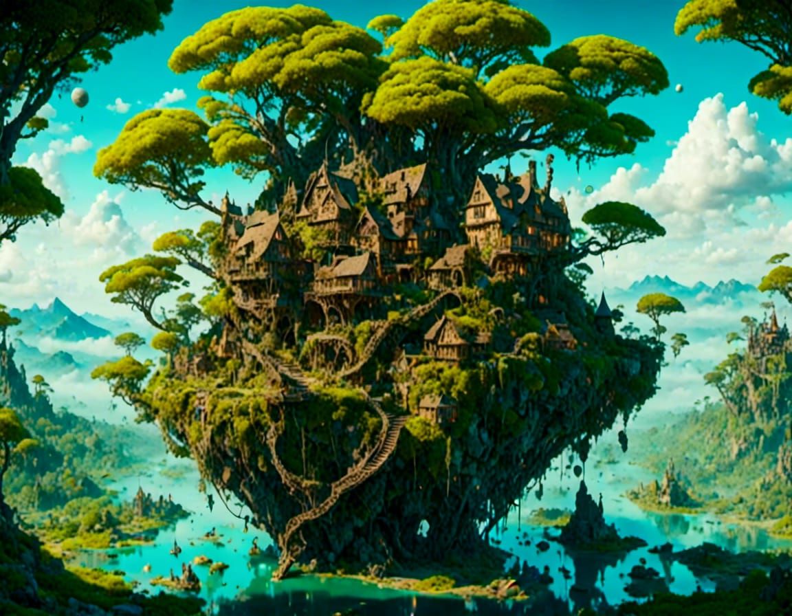 Cosmic World Tree House in Abstract Nightscape