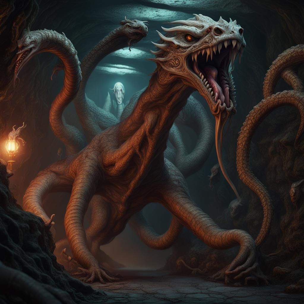 Fantasy Hydra Crawling Through Underground Tunnel